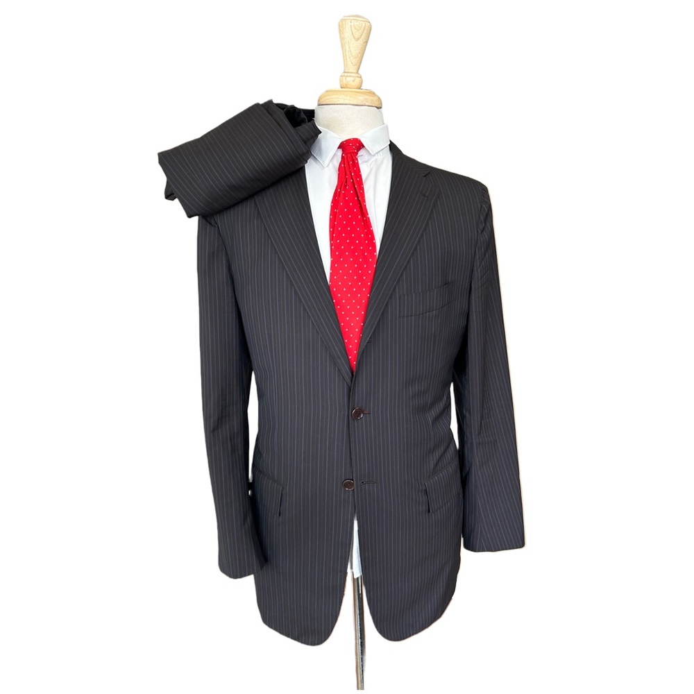 LUXURY Kiton Super 180's Brown Pinstripe Suit 42R-36x28 Wool Business Flat Front